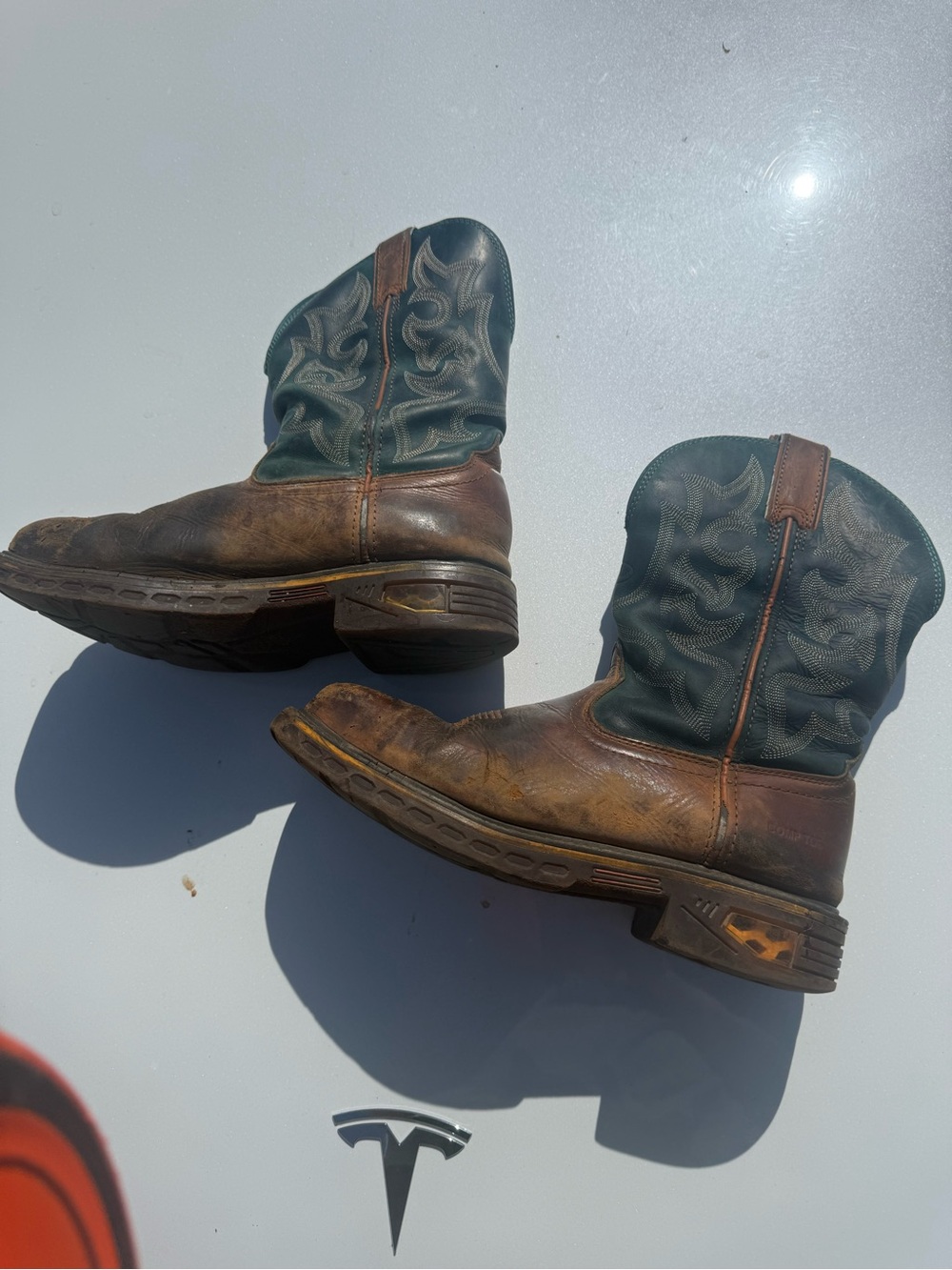 Justin Boots Brown Foot with Dark Teal Embroidered Shaft